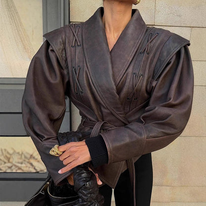 PU Leather Strap-Up Short Jacket – V-Neck Long Sleeve Streetwear