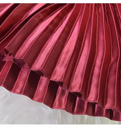 Classic Golden Velvet Pleated Skirt High Waist Retro Style Fashion Office Lady Pleated Long Skirt Winter Velvet Skirt 90cm Long
