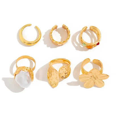 Ingemark 2025 New Irregular Exaggerated Metal Flower Open Rings Women Elegant Baroque Imitation Pearl Ring Jewelry Accessories